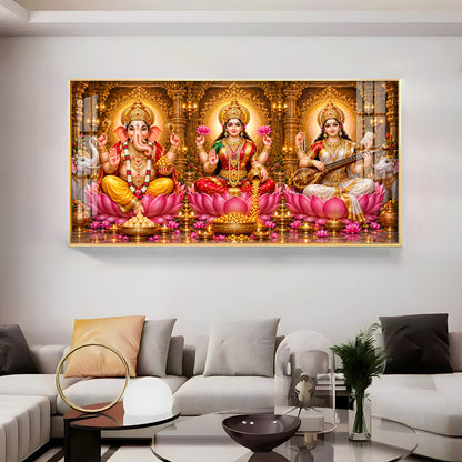 Lord Ganesha, Goddess Lakshmi & Goddess Saraswati Premium Acrylic Horizontal Wall Art