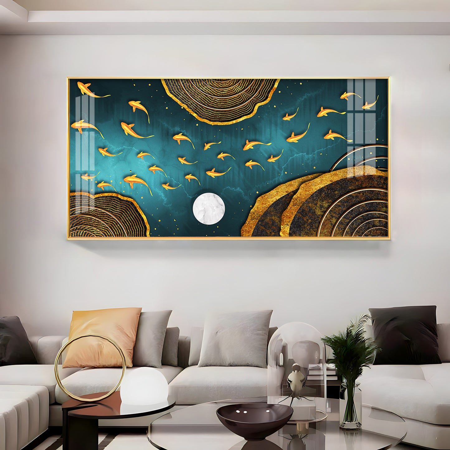 Features Golden Koi Fish Premium Acrylic Horizontal Wall Art