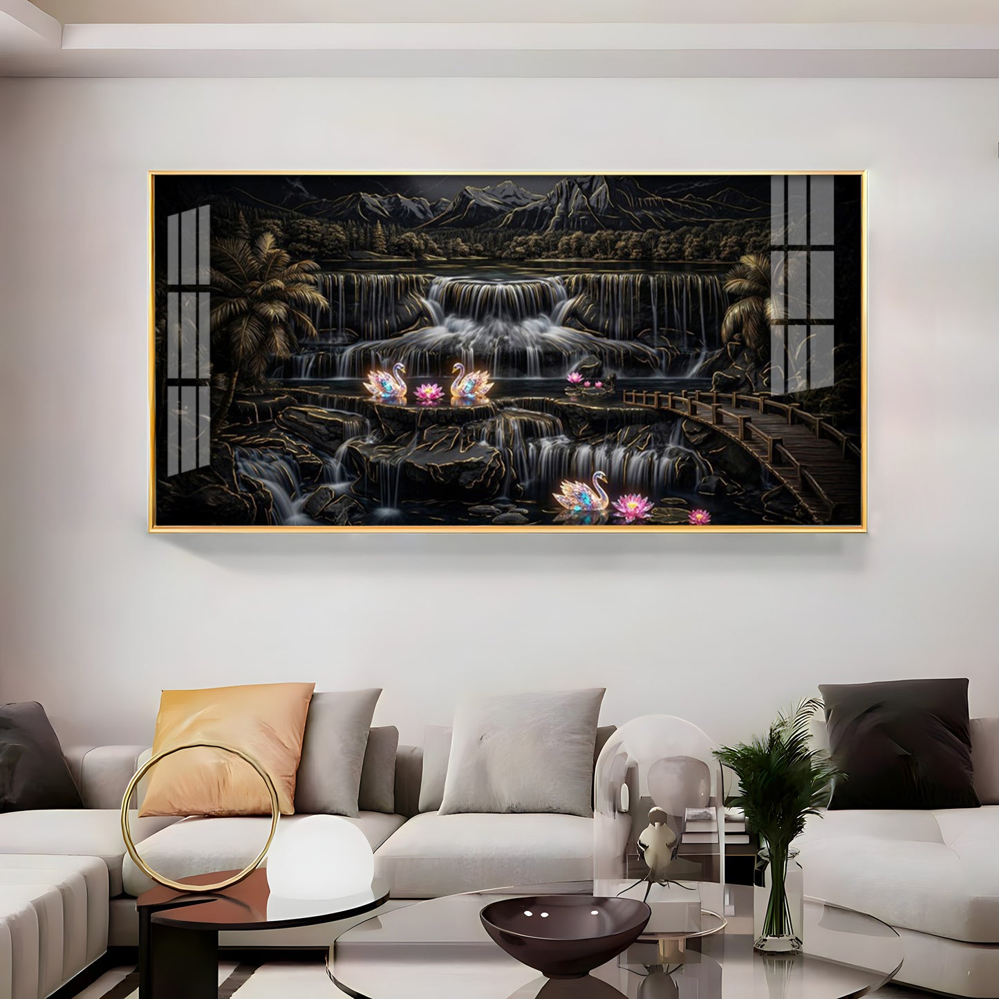 Multi-Tiered Waterfalls Swan Lake Premium Acrylic Horizontal Wall Art