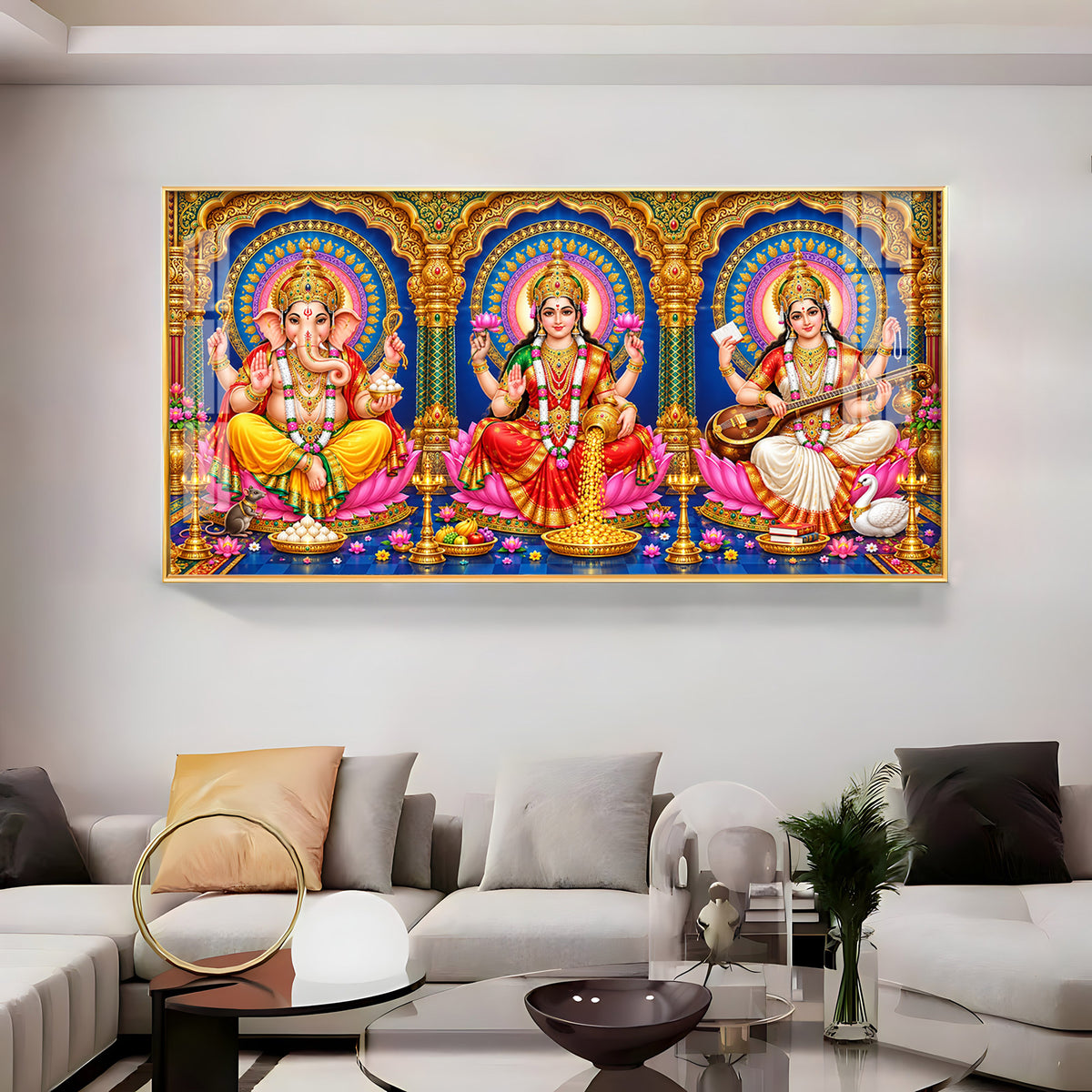 Divine Lord Ganesha, Goddess Saraswati & Goddess Lakshmi Premium Acrylic Horizontal Wall Art