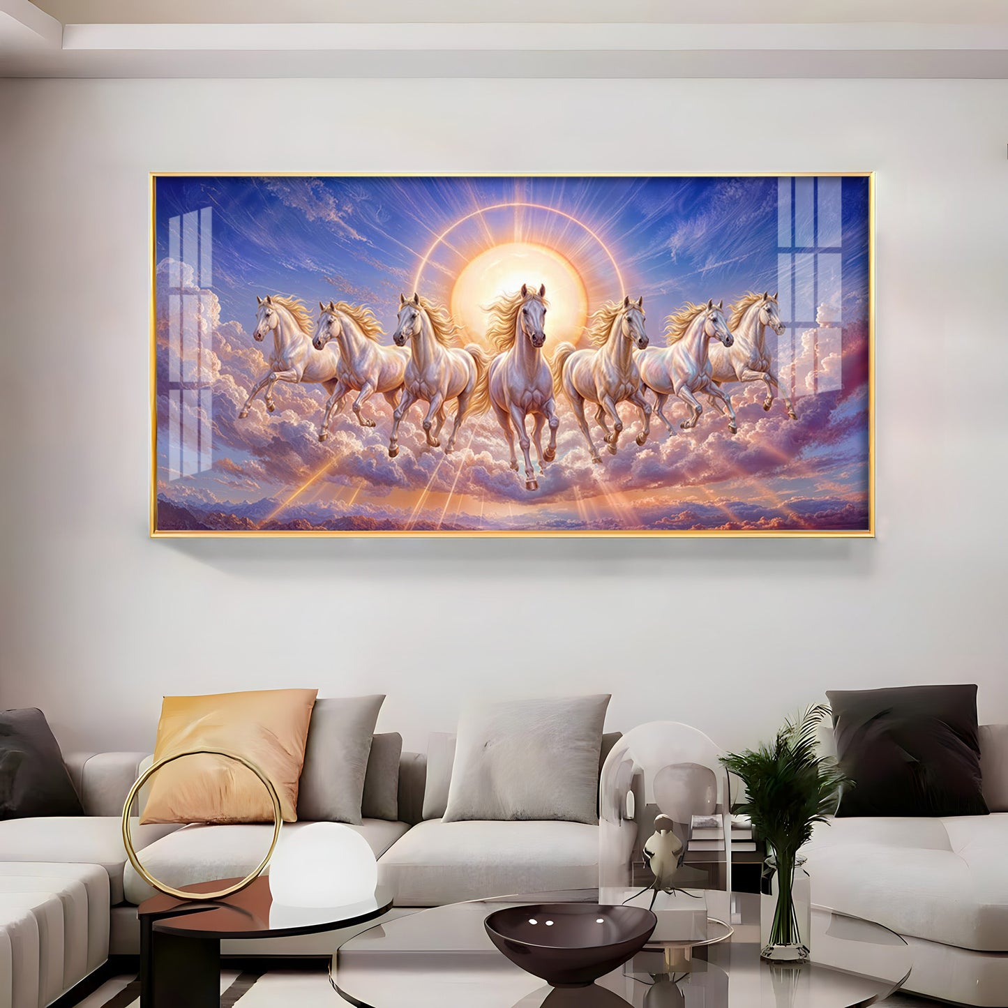 Seven Galloping White Horses Premium Acrylic Horizontal Wall Art