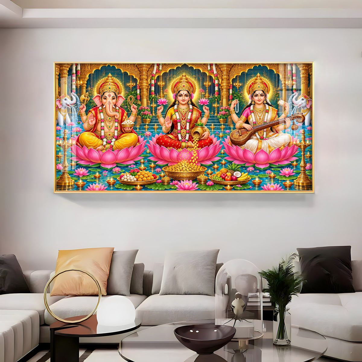 Divine Lord Ganesha, Goddess Lakshmi, and Goddess Saraswati Premium Acrylic Horizontal Wall Art