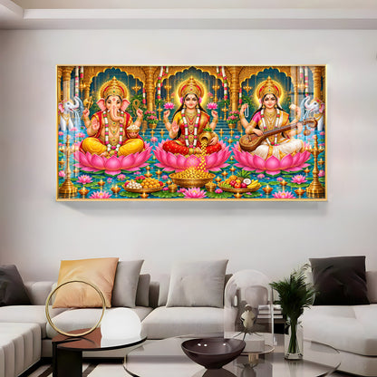 Divine Lord Ganesha, Goddess Lakshmi, and Goddess Saraswati Premium Acrylic Horizontal Wall Art