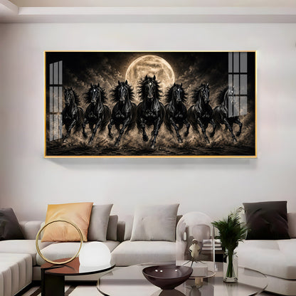 Seven Black Horses Full Moon Premium Acrylic Horizontal Wall Art