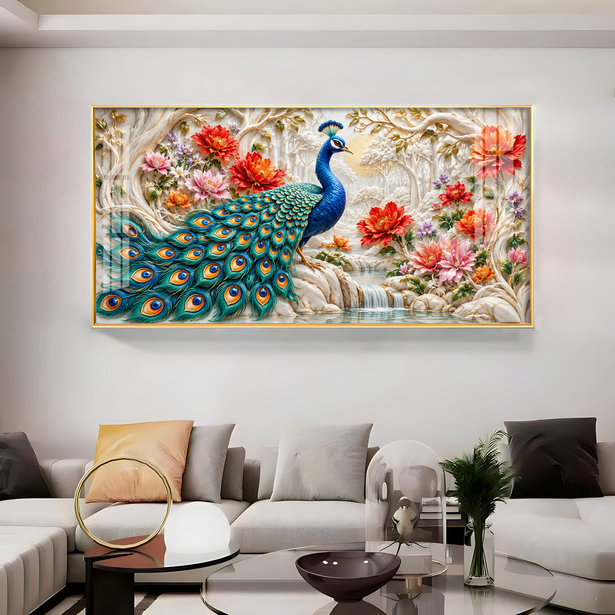 Vibrant Peacock With Floral Premium Acrylic Horizontal Wall Art