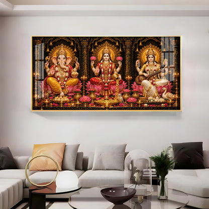 Maa Lakshmi, Saraswati & Ganesha Ji Premium Acrylic Horizontal Wall Art