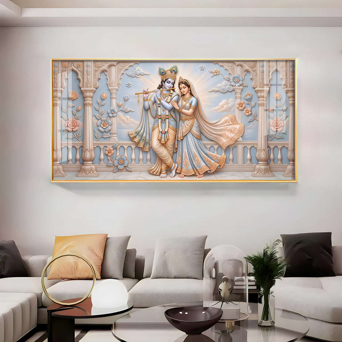 Krishna Playing The Flute Beside Radha Premium Acrylic Horizontal Wall Art