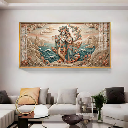 Radha Krishna With Flowers Premium Acrylic Horizontal Wall Art