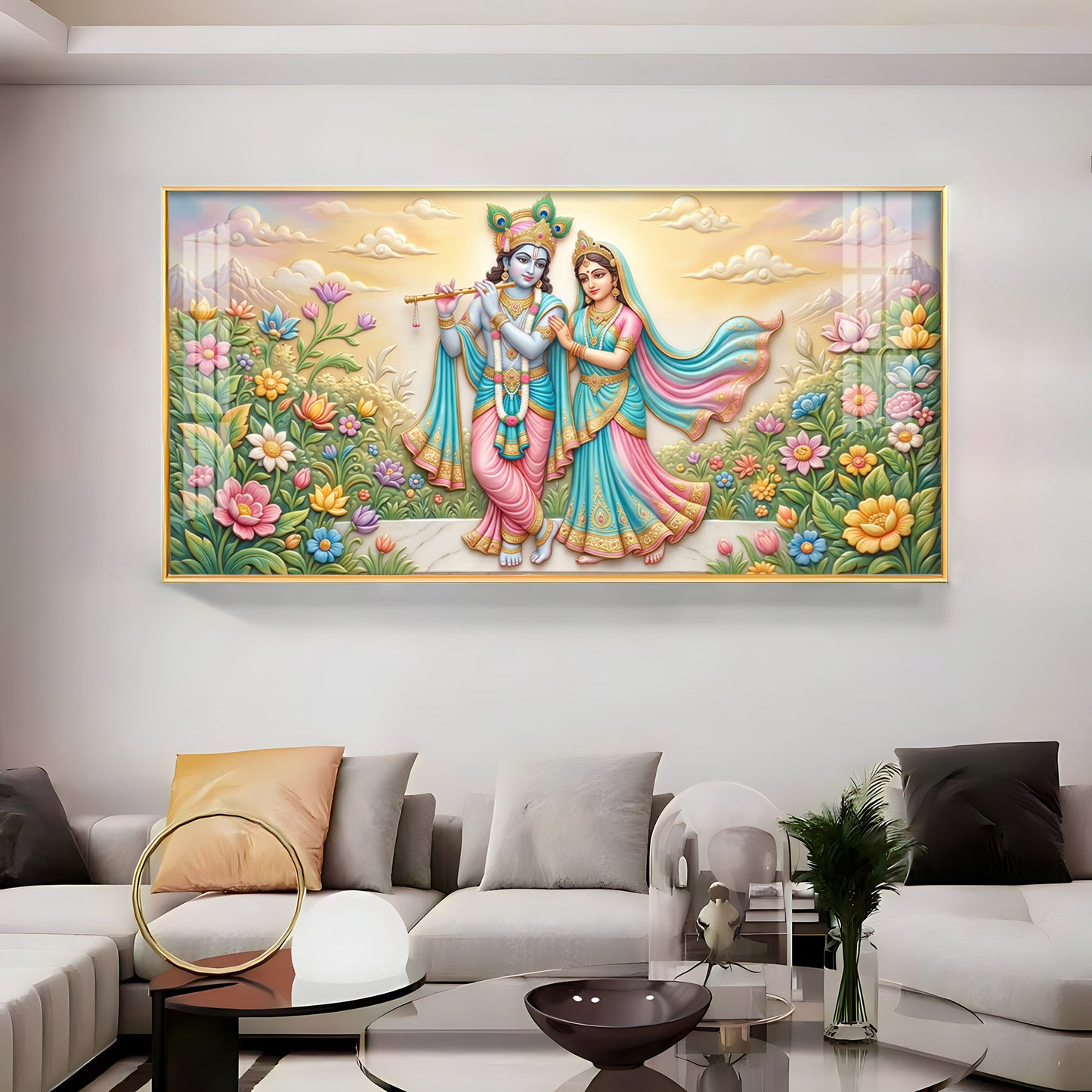 Krishna Playing The Flute Beside Radha Premium Acrylic Horizontal Wall Art
