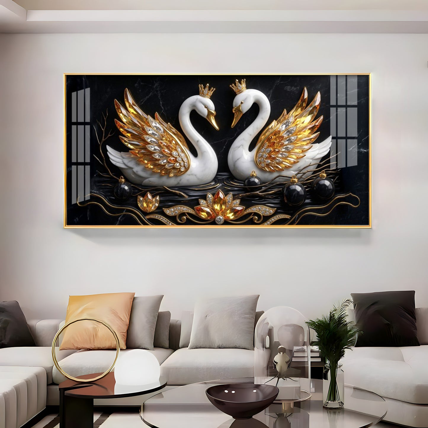 Golden Elegance Swans Premium Acrylic Horizontal  Wall Art
