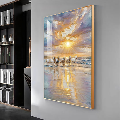 Depicting Seven White Horses Running Premium Acrylic Vertical Wall Art