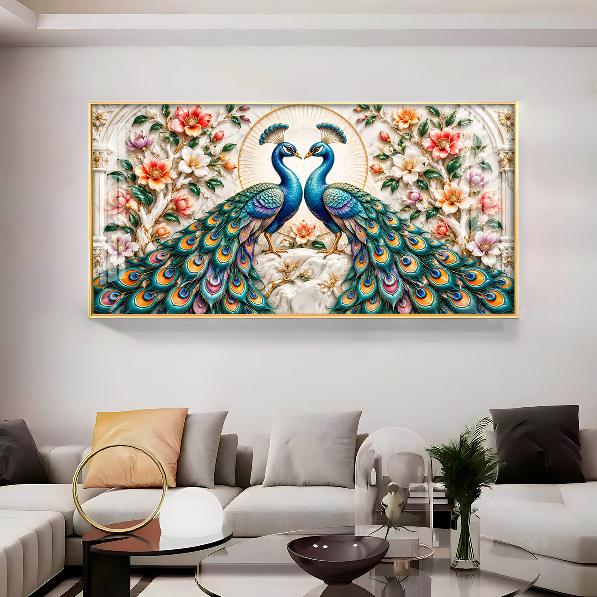 Dual Peacock Floral Premium Acrylic Horizontal Wall Art