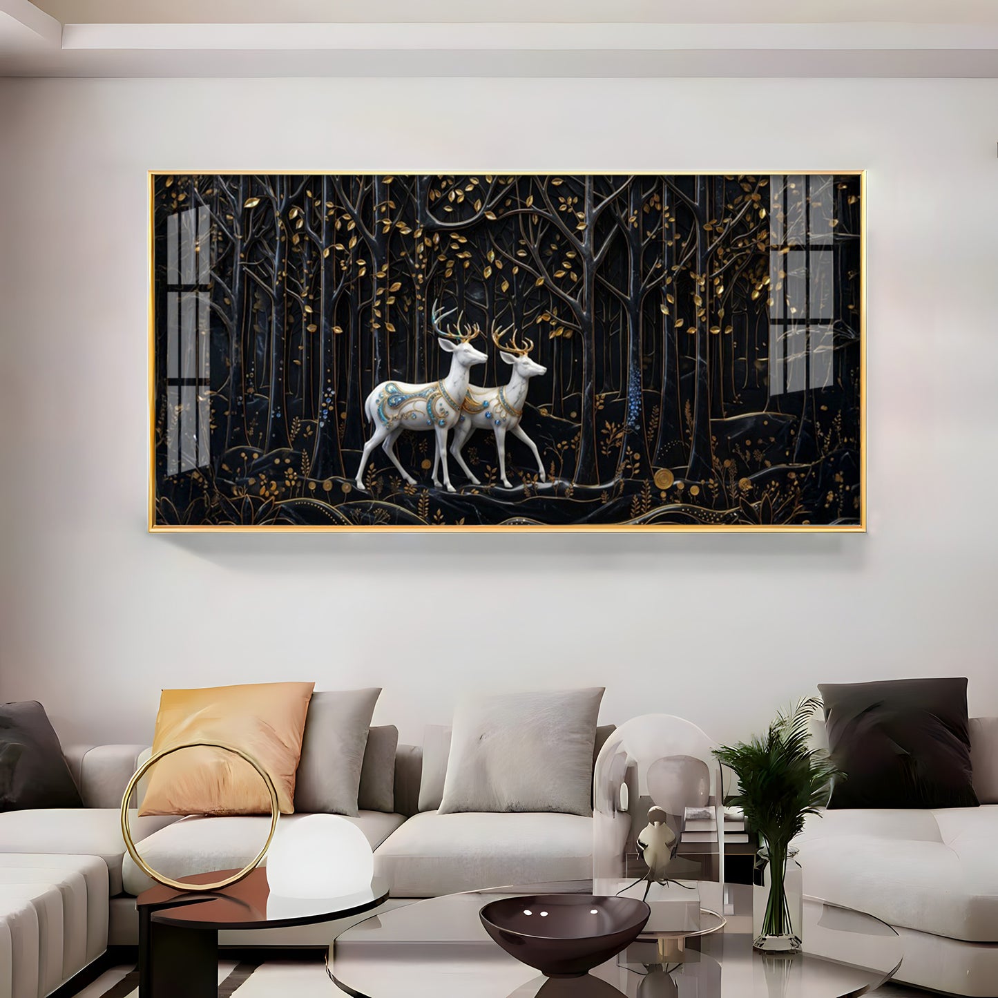Two White Deer In A Black Forest Premium Acrylic Horizontal Wall Art