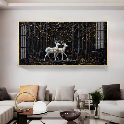 Two White Deer In A Black Forest Premium Acrylic Horizontal Wall Art