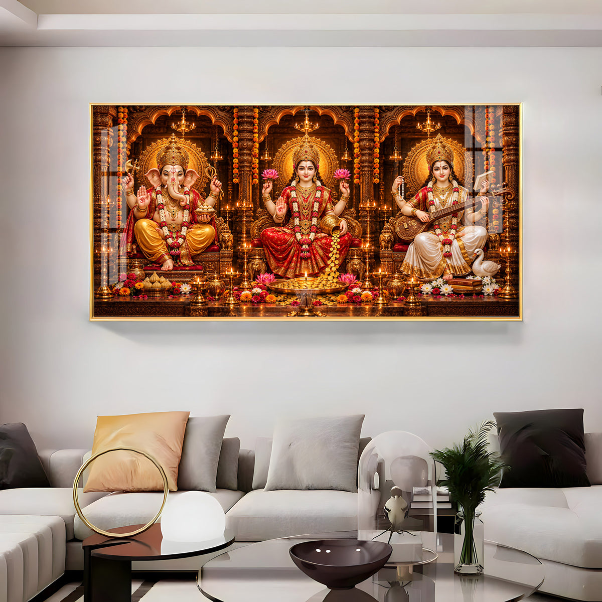 Shri Ganesha, Goddess Lakshmi, and Goddess Saraswati Premium Acrylic Horizontal Wall Art
