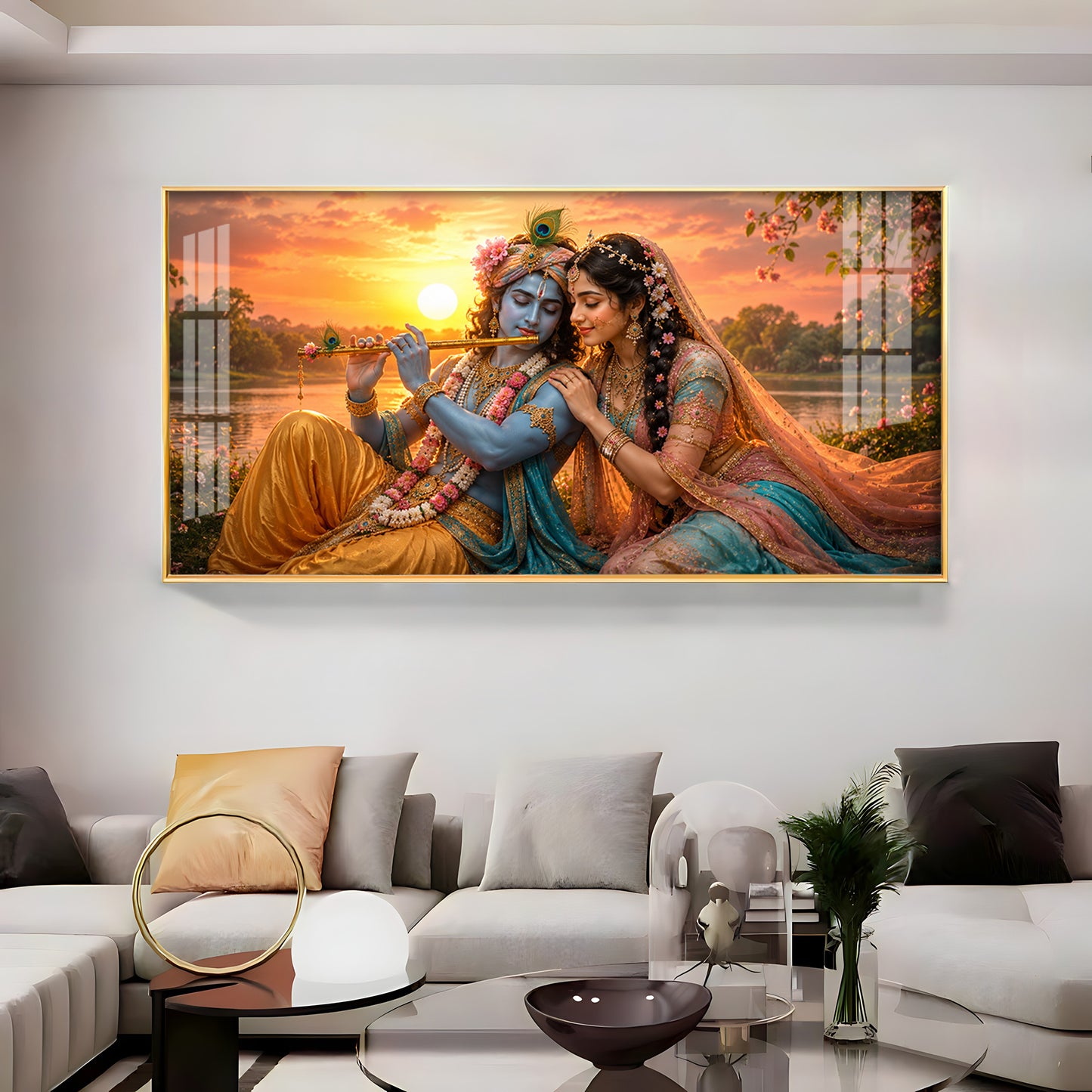 Radha & Krishna Sitting Tranquil Lakeside Premium Acrylic Horizontal Wall Art