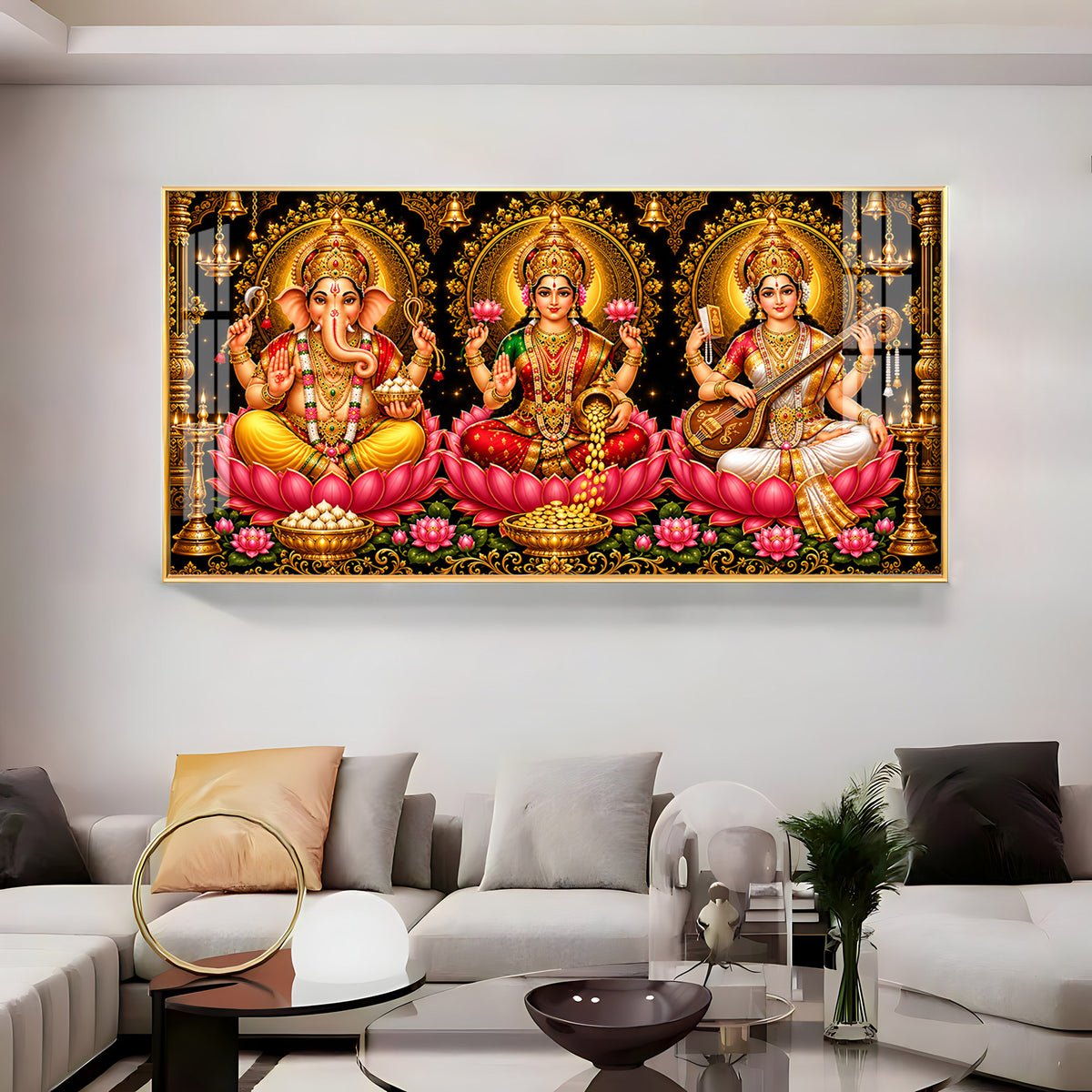 Hindu Lord Ganesha, Goddess Lakshmi, and Goddess Saraswati Premium Acrylic Horizontal Wall Art