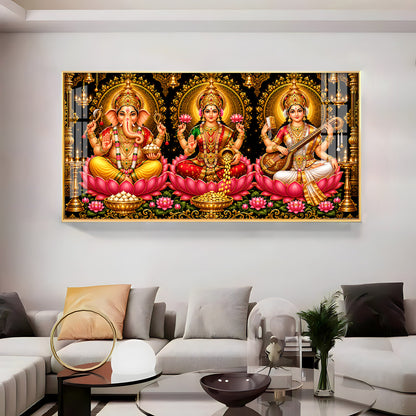 Hindu Lord Ganesha, Goddess Lakshmi, and Goddess Saraswati Premium Acrylic Horizontal Wall Art