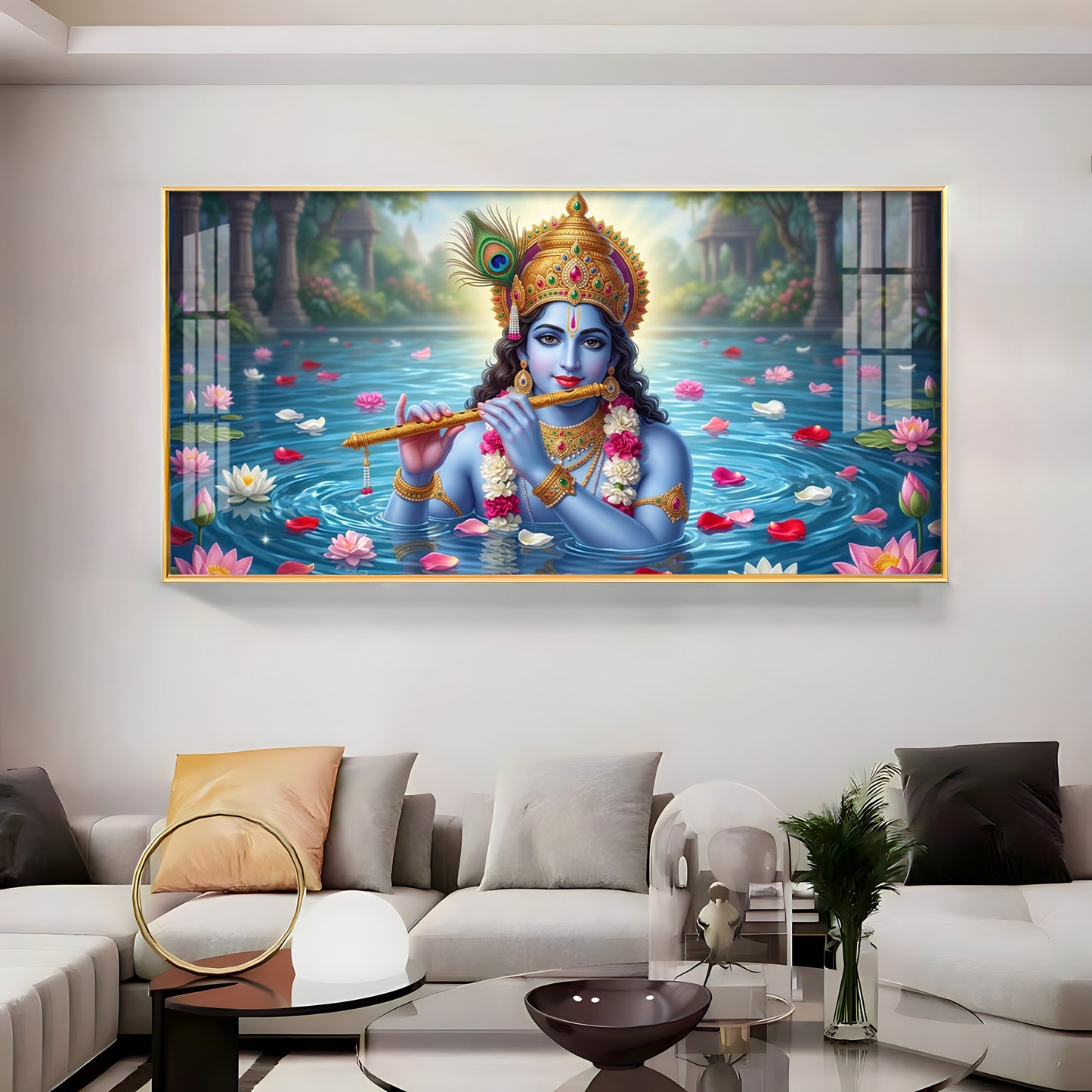 Krishna With Flute Under Pond Premium Acrylic Horizontal Wall Art