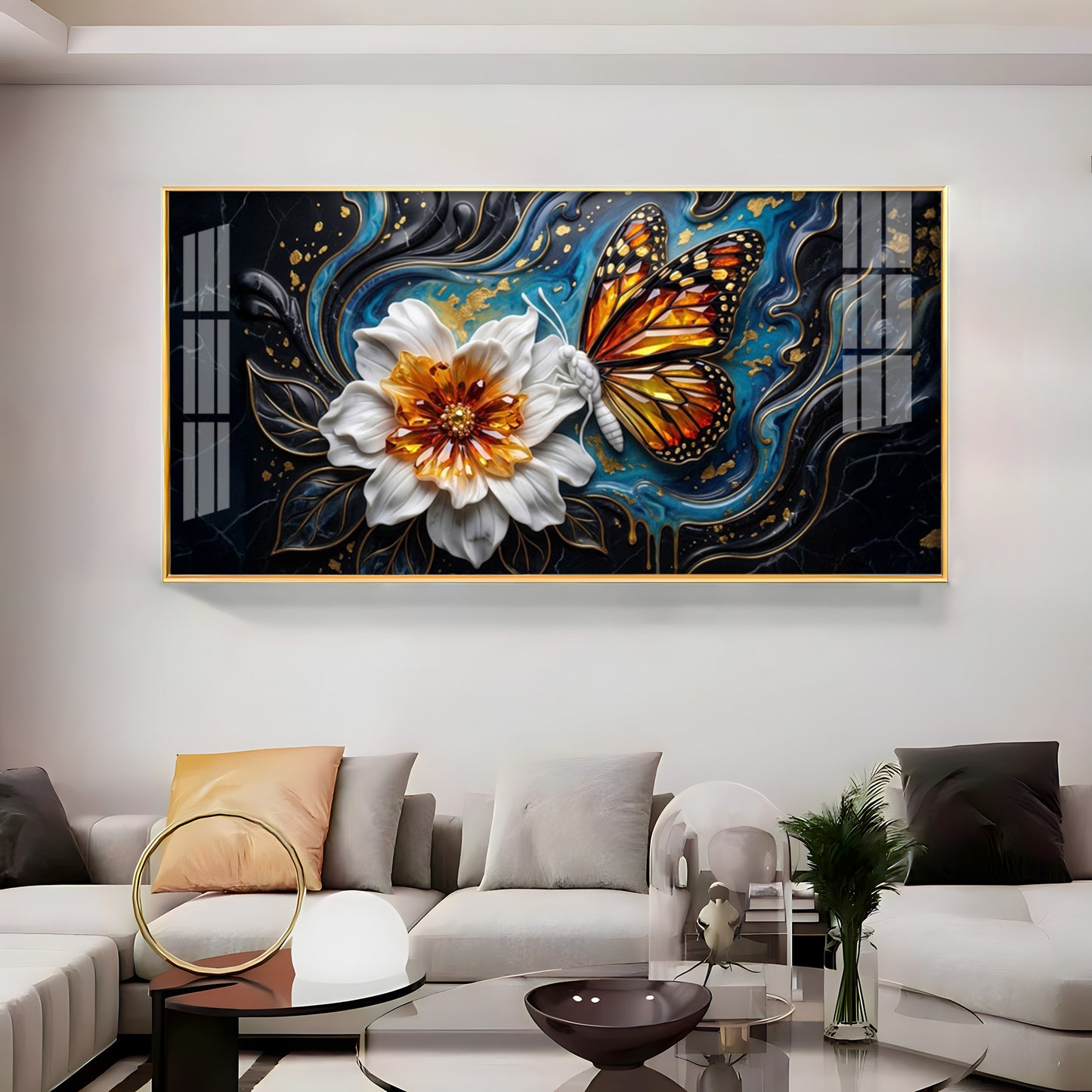 Butterfly Blossom With White Flower Premium Acrylic Horizontal Wall Art