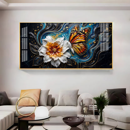 Butterfly Blossom With White Flower Premium Acrylic Horizontal Wall Art