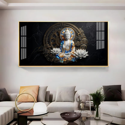 White & Gold Buddha With Flowers Premium Acrylic Horizontal Wall Art