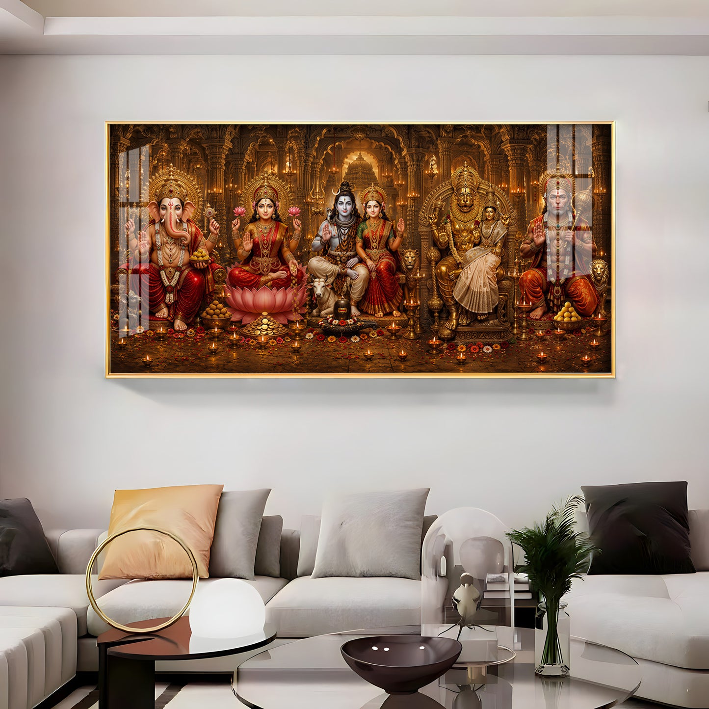 Ganesha, Lakshmi, Shiv Parvati, Narsing Dev,& Hanuman Ji Premium Acrylic Horizontal Wall Art