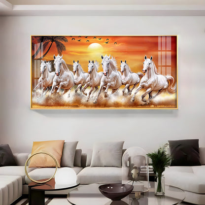 7 White Running Horses in The Sea With Sunrise Premium Acrylic Horizontal Wall Art