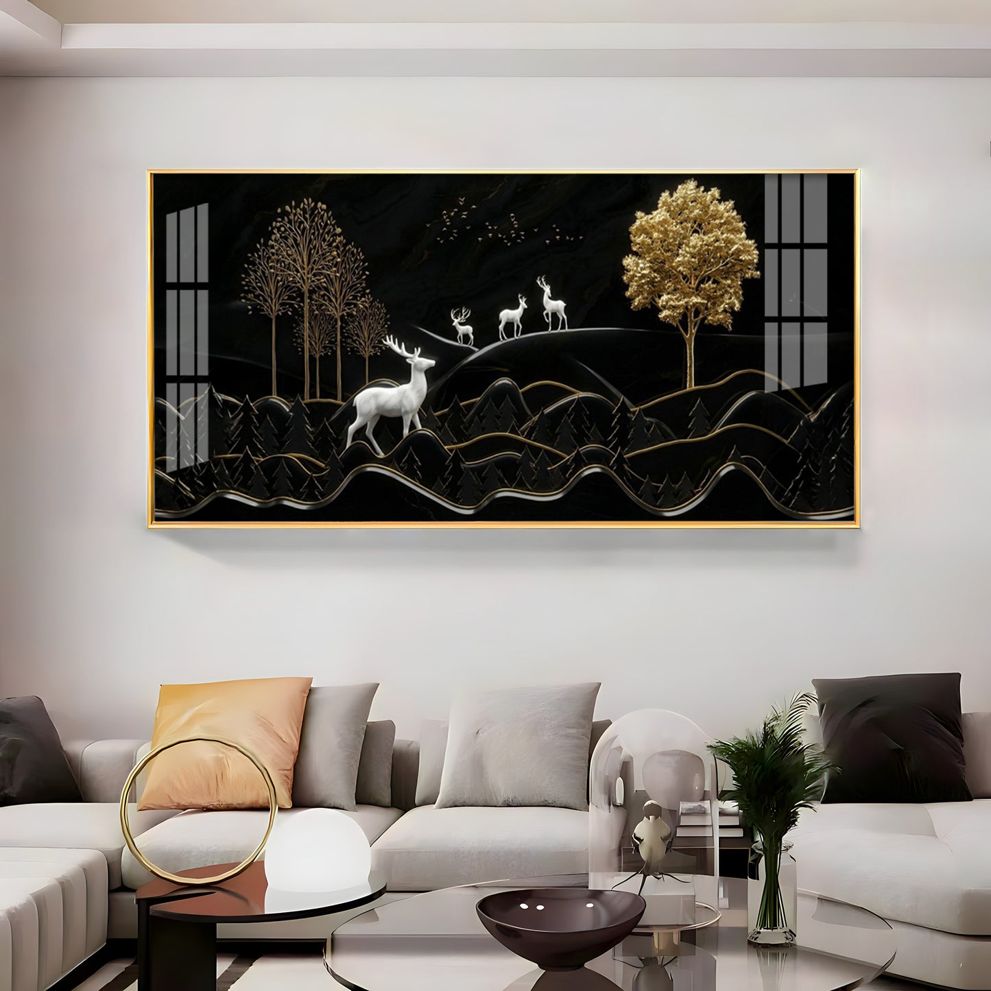 Deer Mountain With Golden Tree Premium Acrylic Horizontal Wall Art