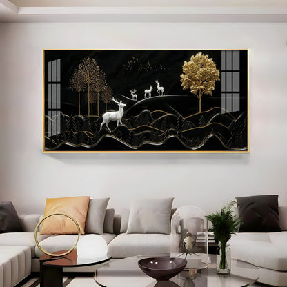 Deer Mountain With Golden Tree Premium Acrylic Horizontal Wall Art