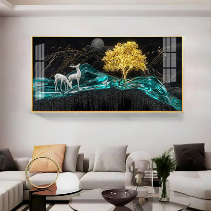 Deer With Golden Tree Harmony Premium Acrylic Horizontal Wall Art
