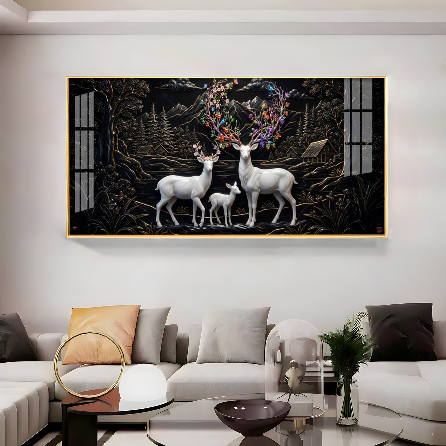 Family of Deer With Colorful Antlers Premium Acrylic Horizontal Wall Art