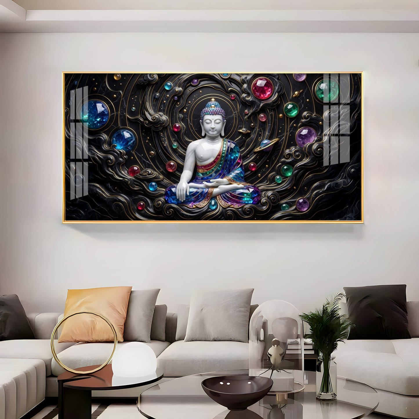 Divine Buddha With Crystal Spheres Premium Acrylic Horizontal Wall Art