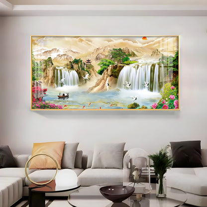 Serene Landscape With Cranes & Flowers Premium Acrylic Horizontal Wall Art