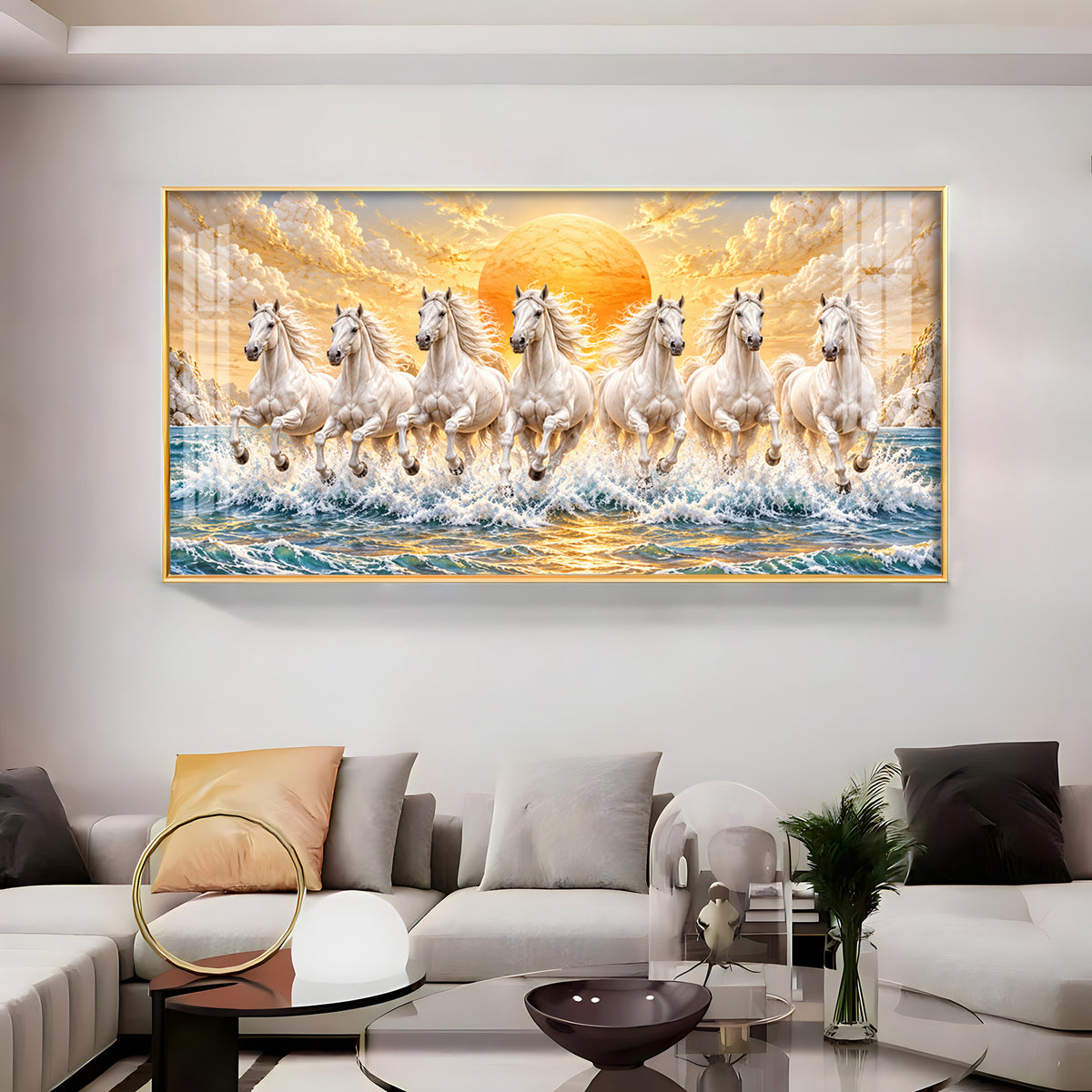 Majestic White Seven Running Horses In sun Rise Premium Acrylic Horizontal Wall Art