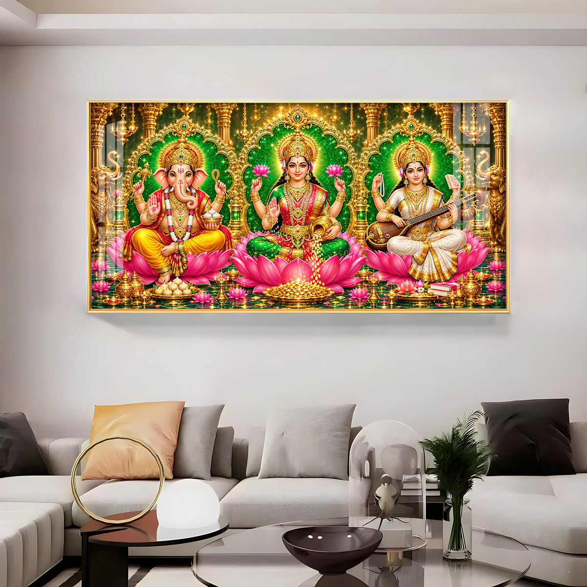 Maa Lakshmi, Ganesha Ji & Saraswati Premium Acrylic Horizontal Wall Art