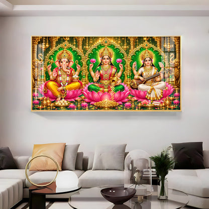 Maa Lakshmi, Ganesha Ji & Saraswati Premium Acrylic Horizontal Wall Art