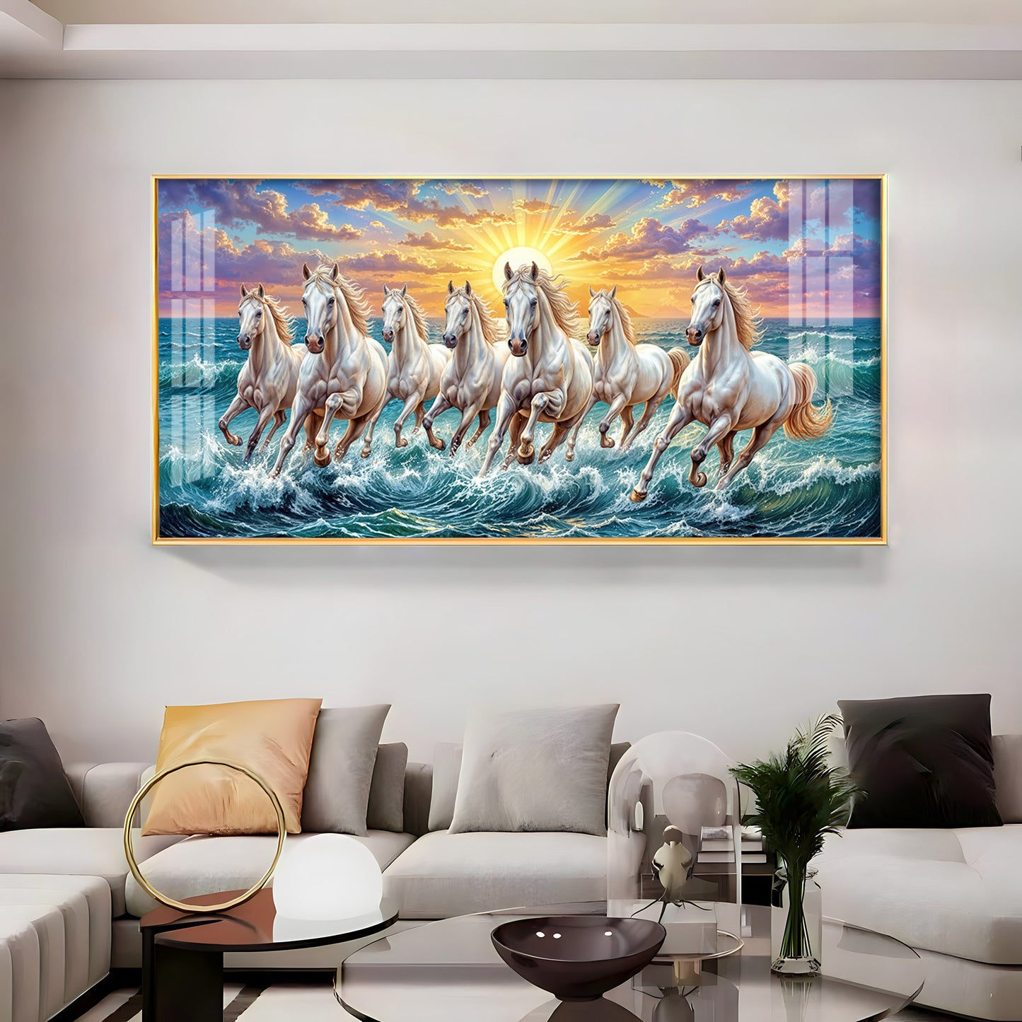 7 Running Horses Galloping Across Water Premium Acrylic Horizontal Wall Art