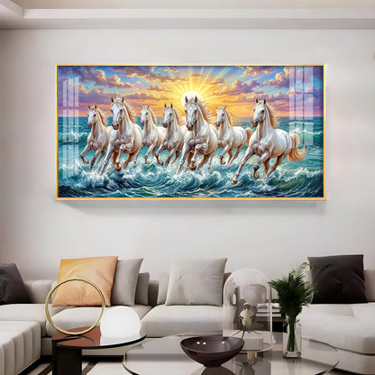7 Running Horses Galloping Across Water Premium Acrylic Horizontal Wall Art