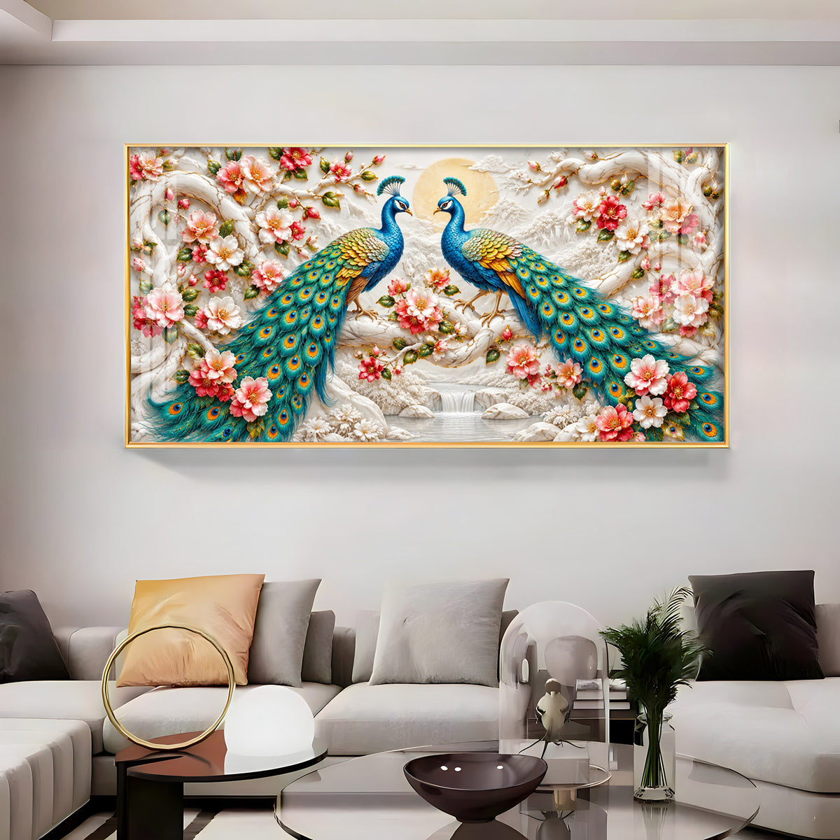 Pair of Peacocks With Flower Premium Acrylic Horizontal Wall Art