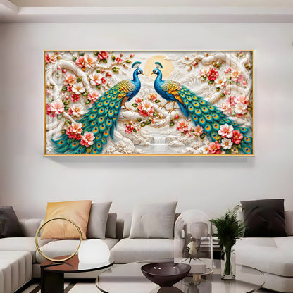 Pair of Peacocks With Flower Premium Acrylic Horizontal Wall Art