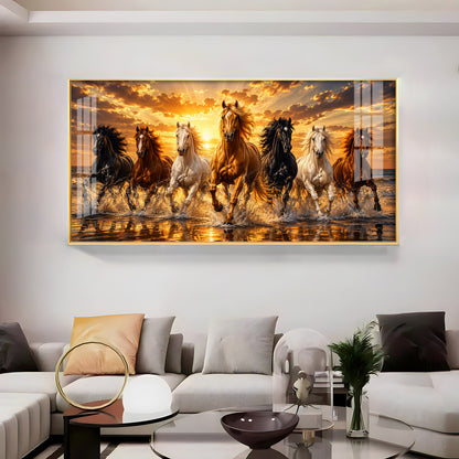 Majestic Seven Horses Golden Hour Premium Acrylic Horizontal Wall Art