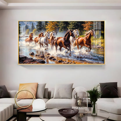 Running Horses in River Premium Acrylic Horizontal Wall Art