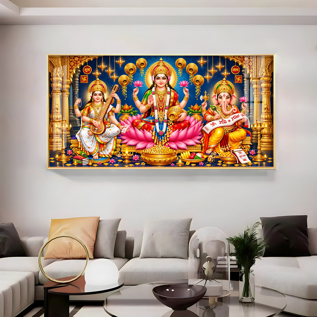Maa Lakshmi, Ganesha and Saraswati Premium Acrylic Horizontal Wall Art