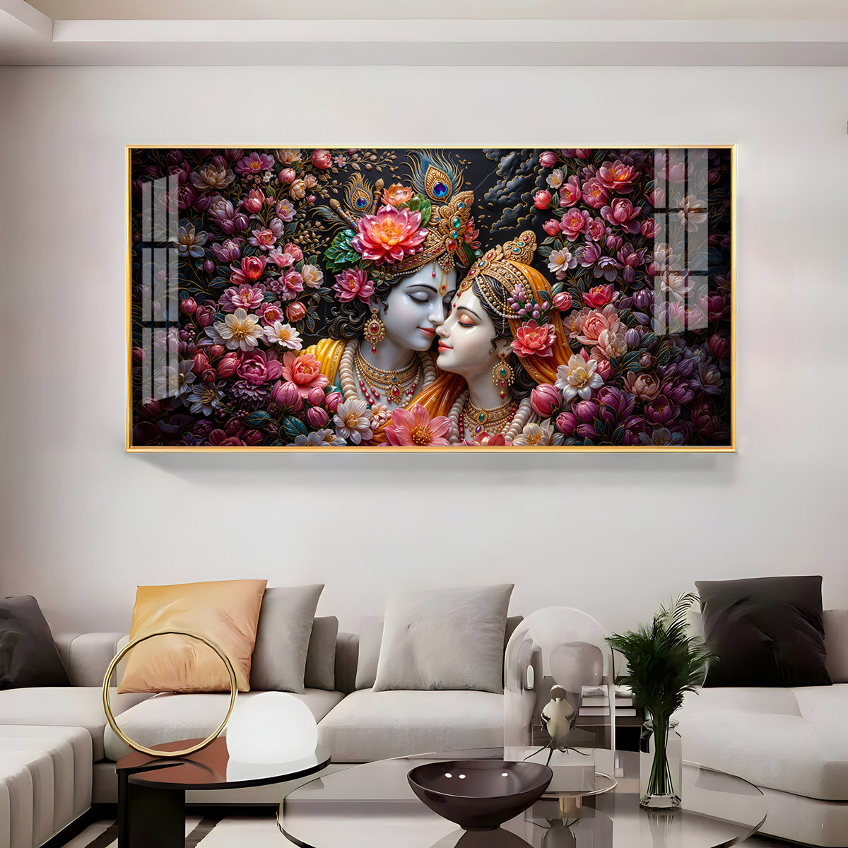 Floral Radha Krishna With Beautiful Background Premium Acrylic Horizontal Wall Art