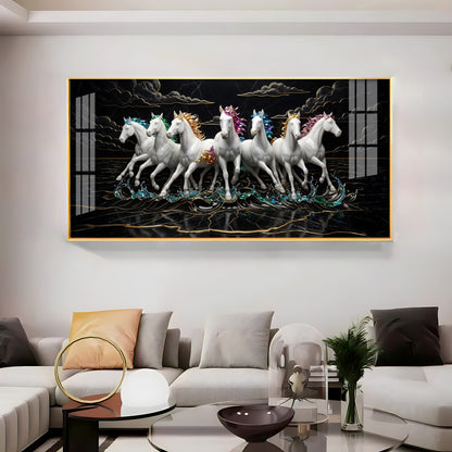 Splashing Stallions White Seven Horses Premium Acrylic Horizontal Wall Art