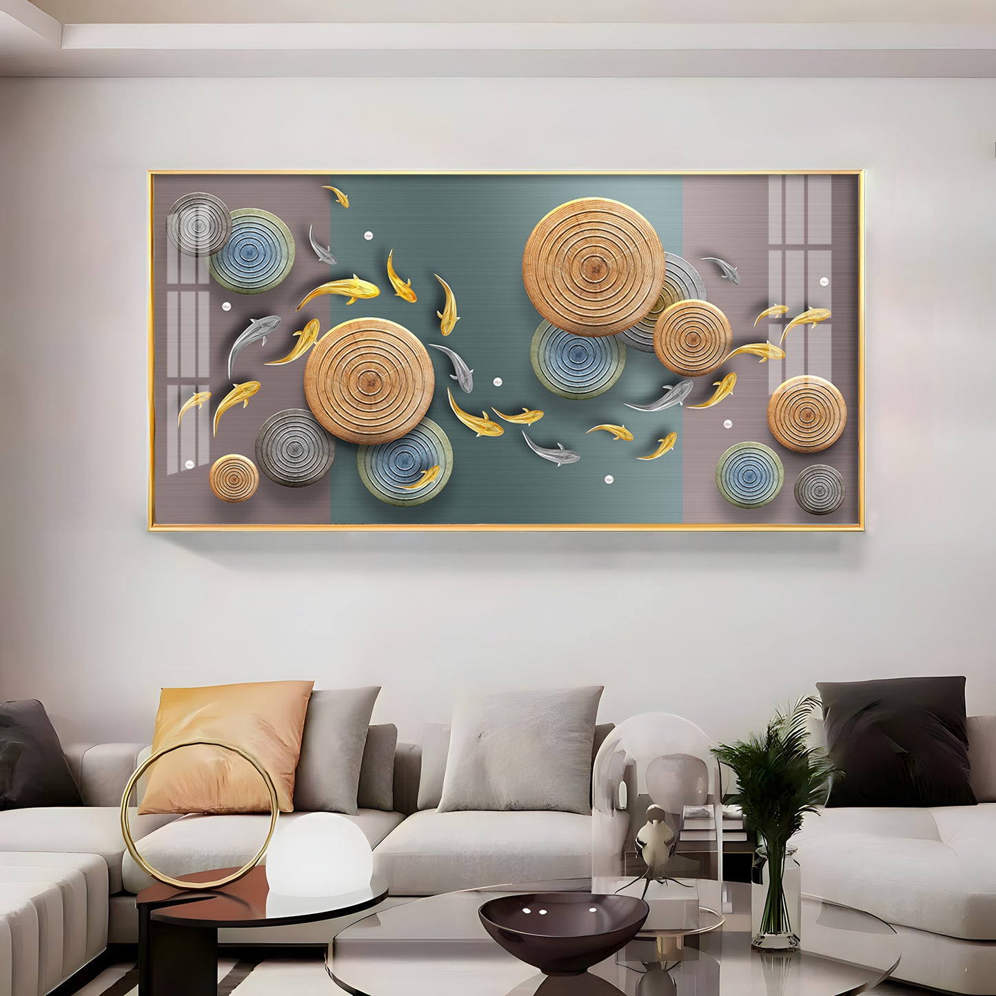 Koi Fish & Concentric Circular Premium Acrylic Horizontal Wall Art