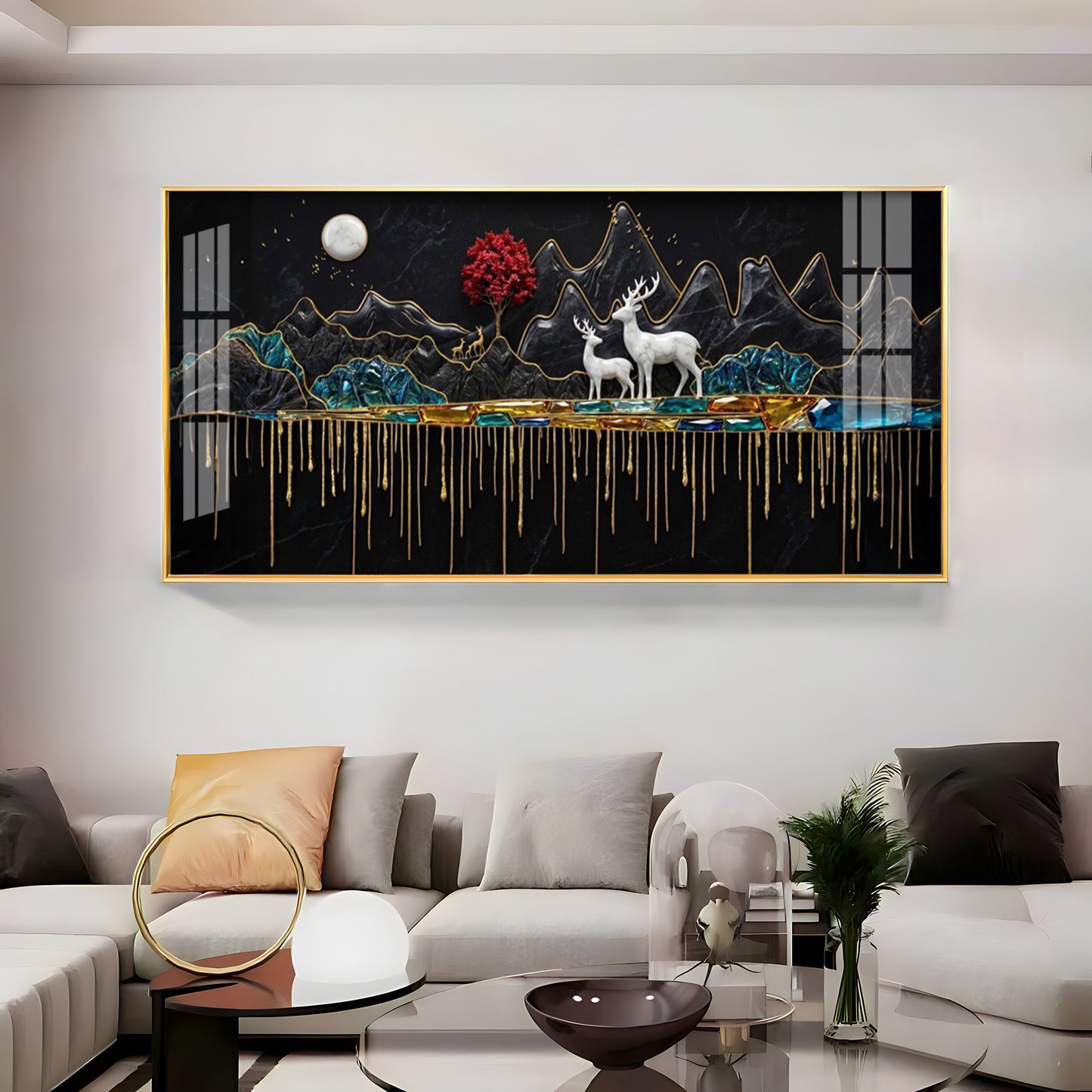 Nature's Gold With Deer in the Mountains Premium Acrylic Horizontal Wall Art