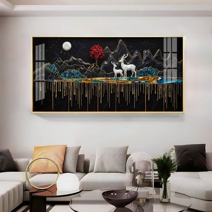 Nature's Gold With Deer in the Mountains Premium Acrylic Horizontal Wall Art