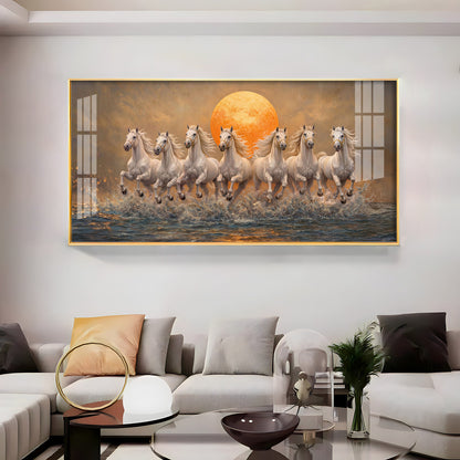 Majestic White Horses With Warm Sun Premium Acrylic Horizontal Wall Art
